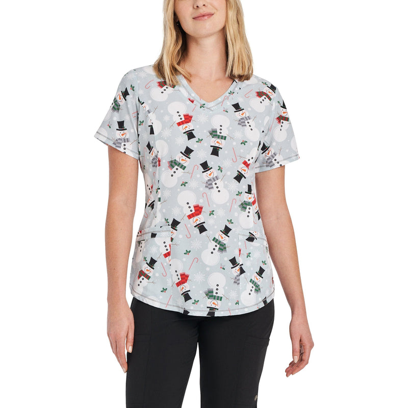 Holly Snowmen - White Cross Prints Women's 3 Pocket Printed Round V-Neck Scrub Top for Nursing