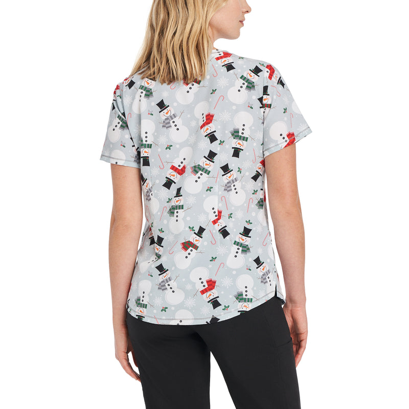 Holly Snowmen - White Cross Women's Scrub Tops - Back View