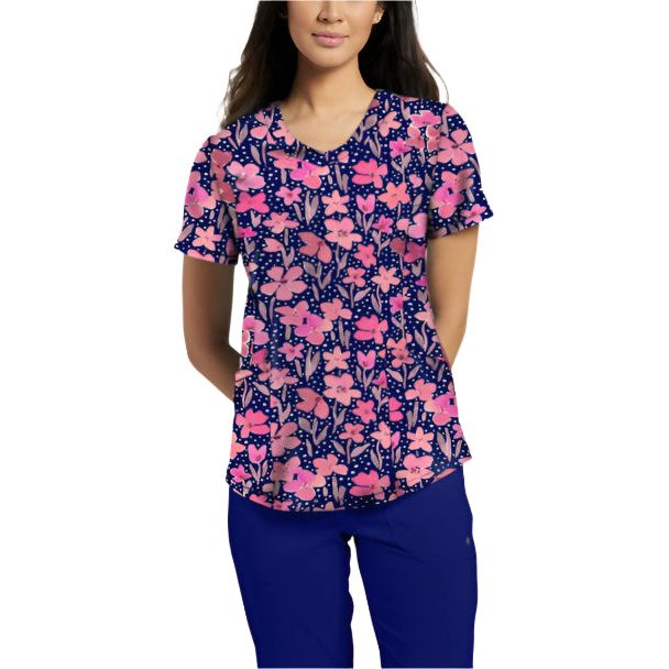 Spring In My Step - White Cross Prints Women's 3 Pocket Printed Round V-Neck Scrub Top for Nursing