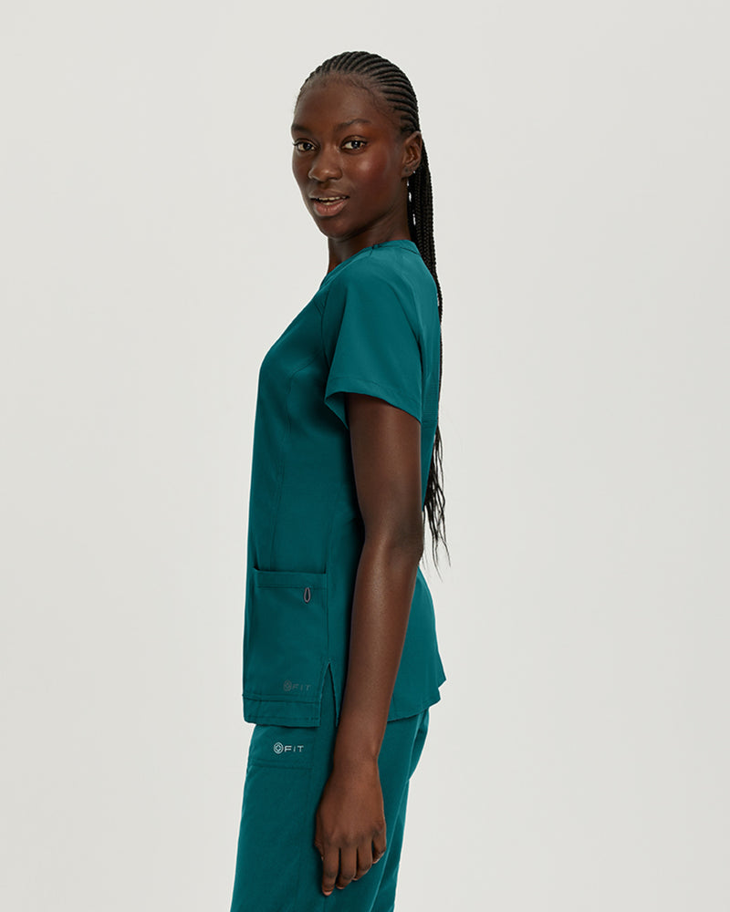 Caribbean Blue - White Cross FIT Women's 2 Pocket V-Neck Scrub Top for Nursing