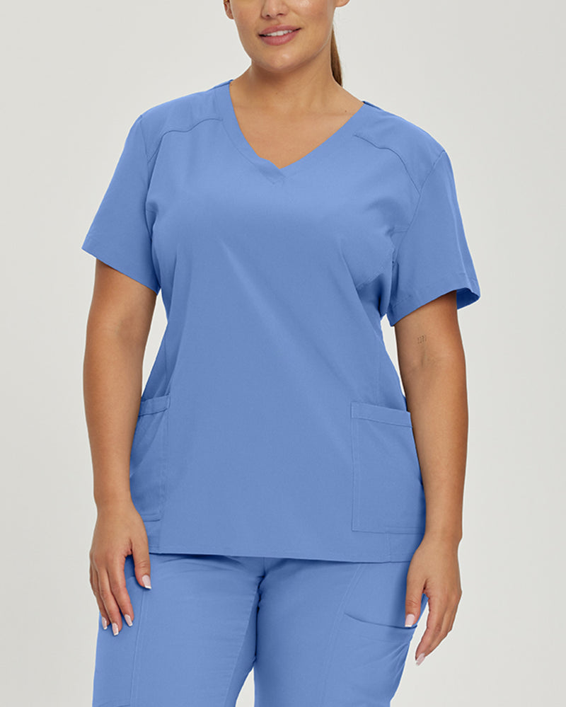 Ceil Blue - White Cross FIT Women's 2 Pocket V-Neck Scrub Top for Nursing