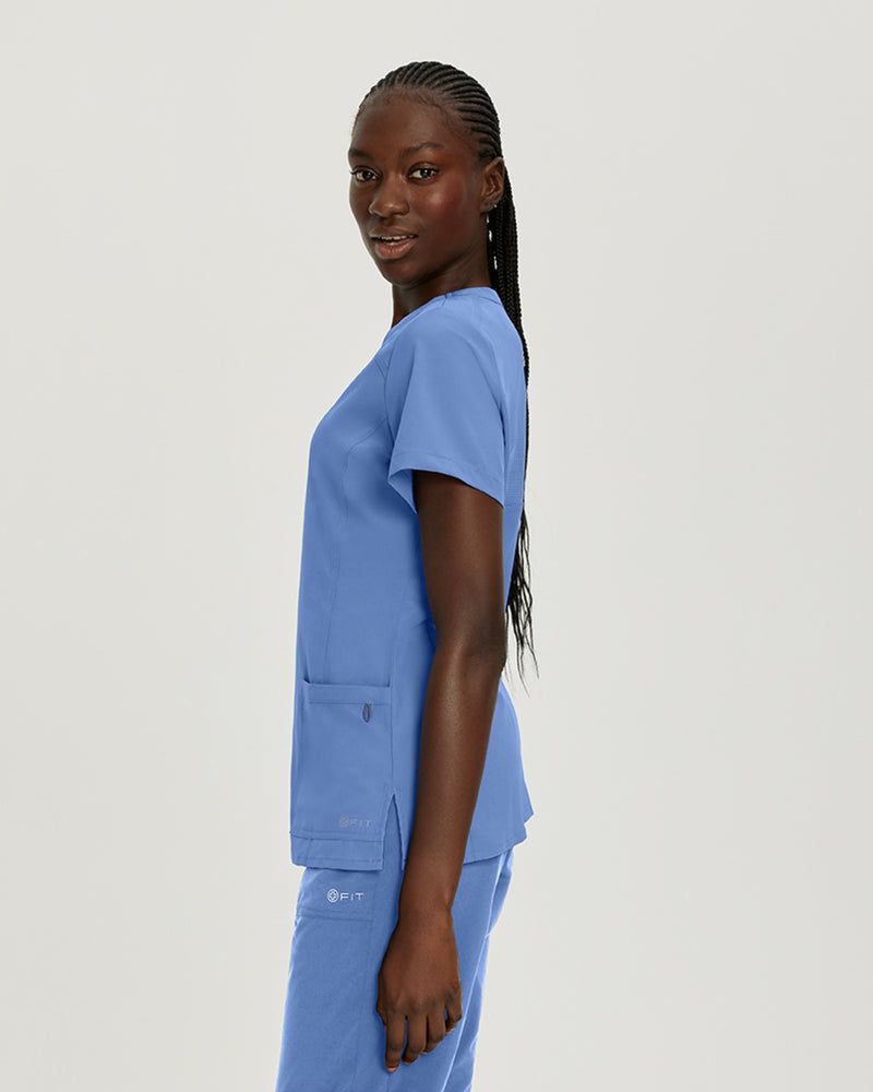 Ceil Blue - White Cross FIT Women's 2 Pocket V-Neck Scrub Top for Nursing