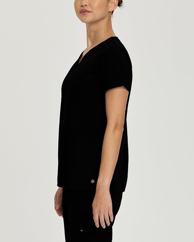 Black - White Cross V-Tess Women's 1 Pocket V-Neck Scrub Top for Nursing