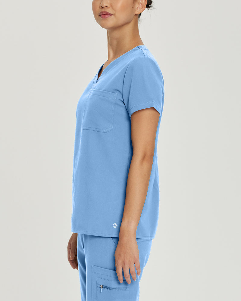 Ceil Blue - White Cross V-Tess Women's 1 Pocket V-Neck Scrub Top for Nursing