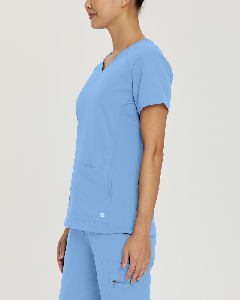 Ceil Blue - White Cross V-Tess Women's 4 Pocket Athletic V-Neck Scrub Top for Nursing