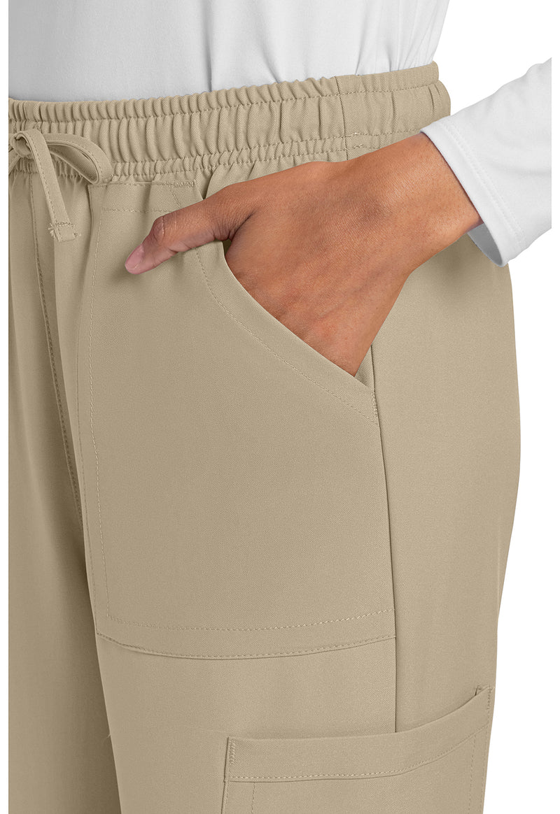 Khaki - Women's Mid Rise Drawstring Trouser Cargo Scrub Pants – Petite (View 2)