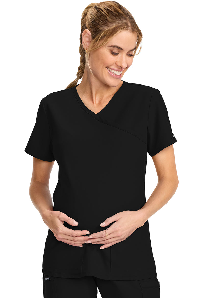 Black - Women's Maternity Mock Wrap V-Neck Scrub Top (View 3)