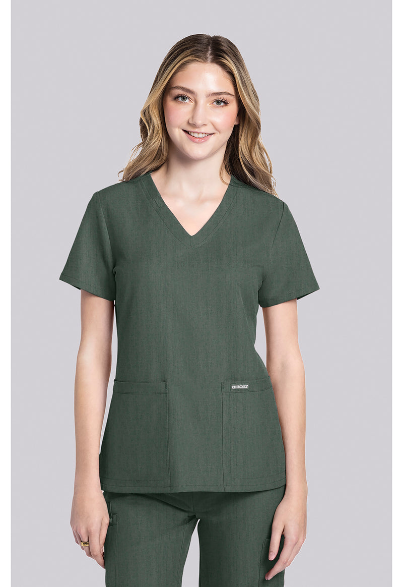 Heather Forest Moss - 2 pocket V-Neck Top