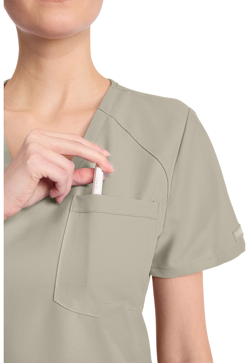 Khaki - Women's Tuck-in V-Neck Scrub Top (View 3)