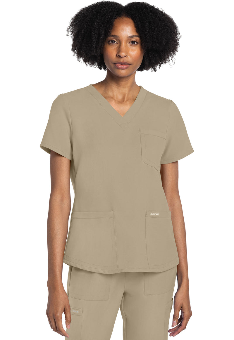 Khaki - Cherokee WW Originals Ultra Women Scrub Top - Front View