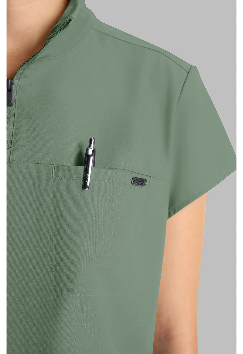 Acadia Green - Women's Partial Zip Stand Collar Scrub Top (View 3)