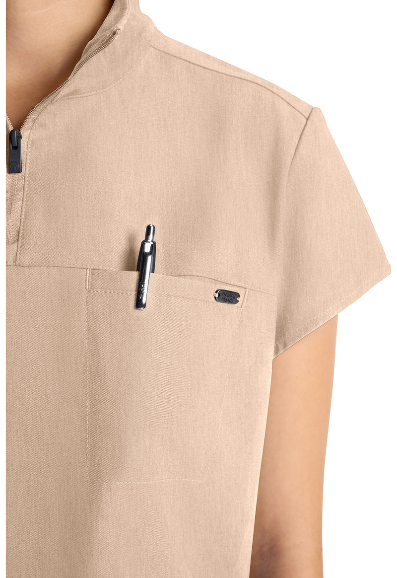 Desert Taupe - Women's Partial Zip Stand Collar Scrub Top (View 3)