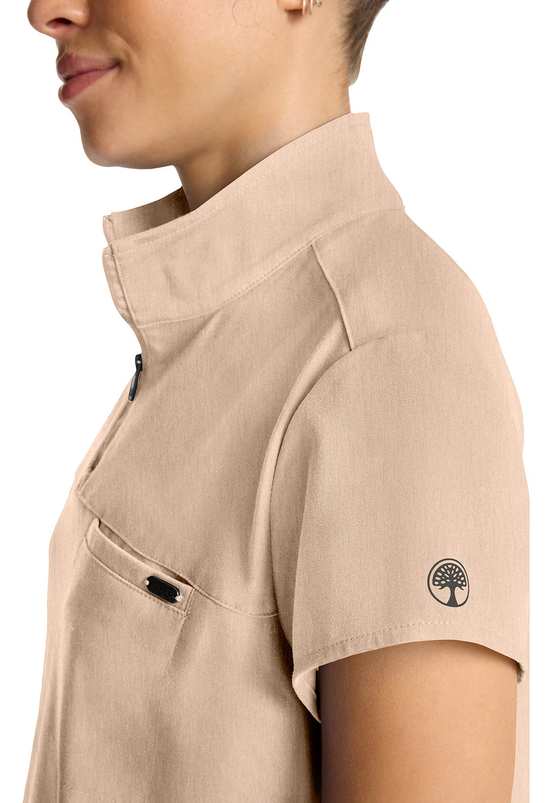 Desert Taupe - Women's Partial Zip Stand Collar Scrub Top (View 4)