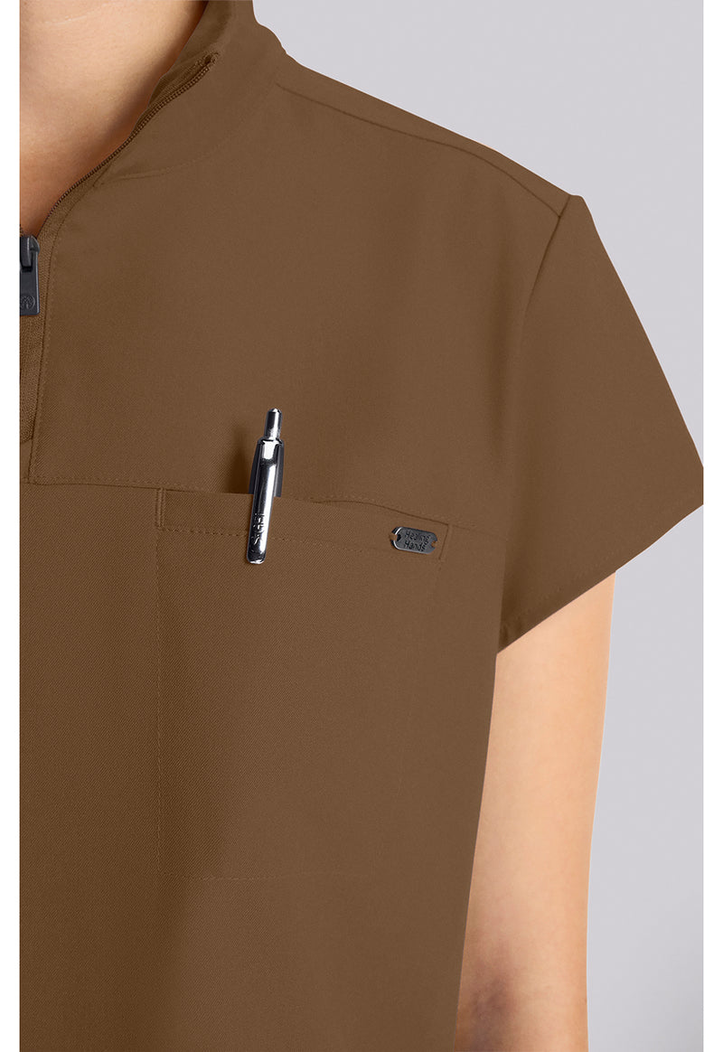 French Brown - Women's Partial Zip Stand Collar Scrub Top (View 3)
