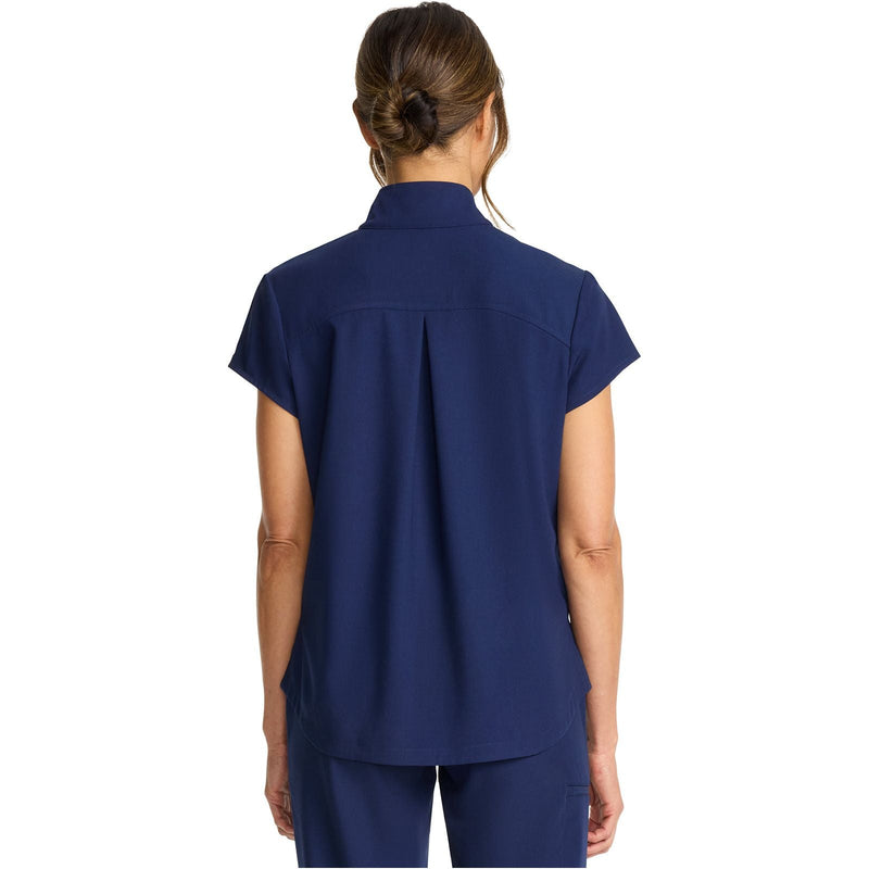 navy - Women's Partial Zip Stand Collar Top