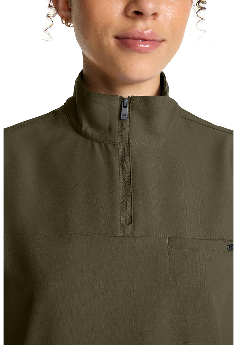 Olive - Women's Partial Zip Stand Collar Scrub Top (View 2)
