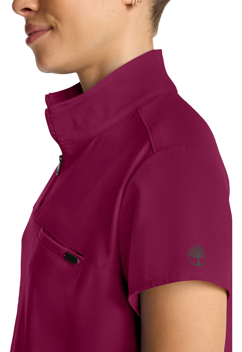 Wine - Women's Partial Zip Stand Collar Scrub Top (View 4)