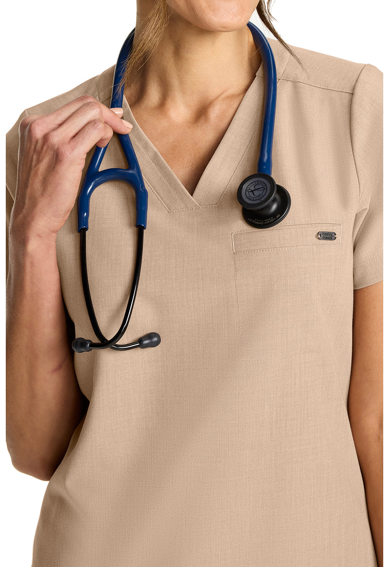 Desert Taupe - Women's Tuck-in V-Neck Scrub Top (View 3)