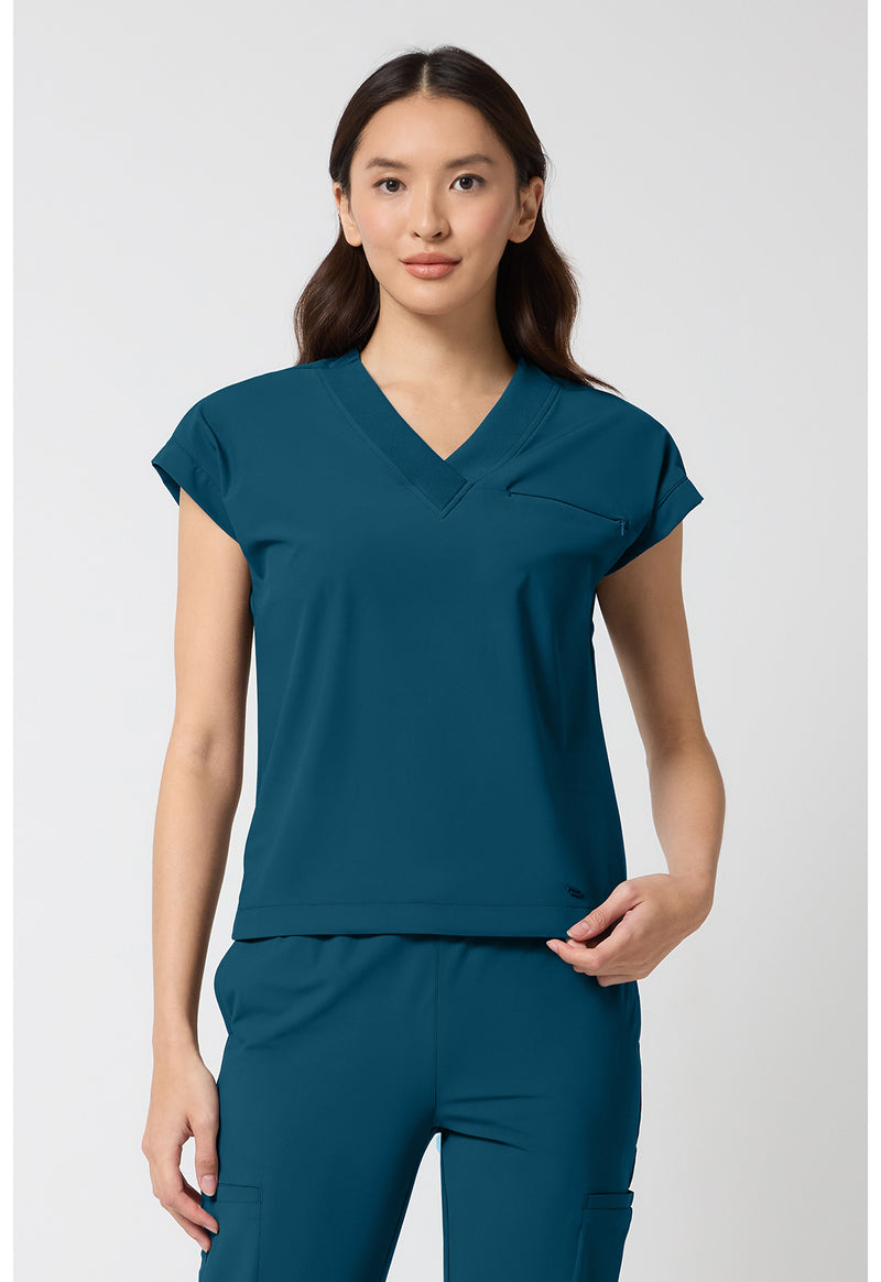 Caribbean Blue - Cherokee IN Pursuit Women Scrub Top - Front View