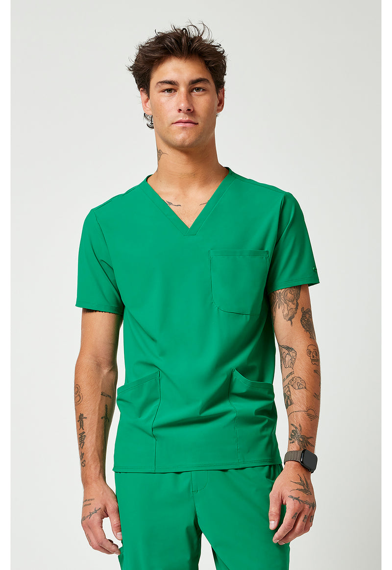 Retro Green - Cherokee IN Pursuit Men Scrub Top - Front View