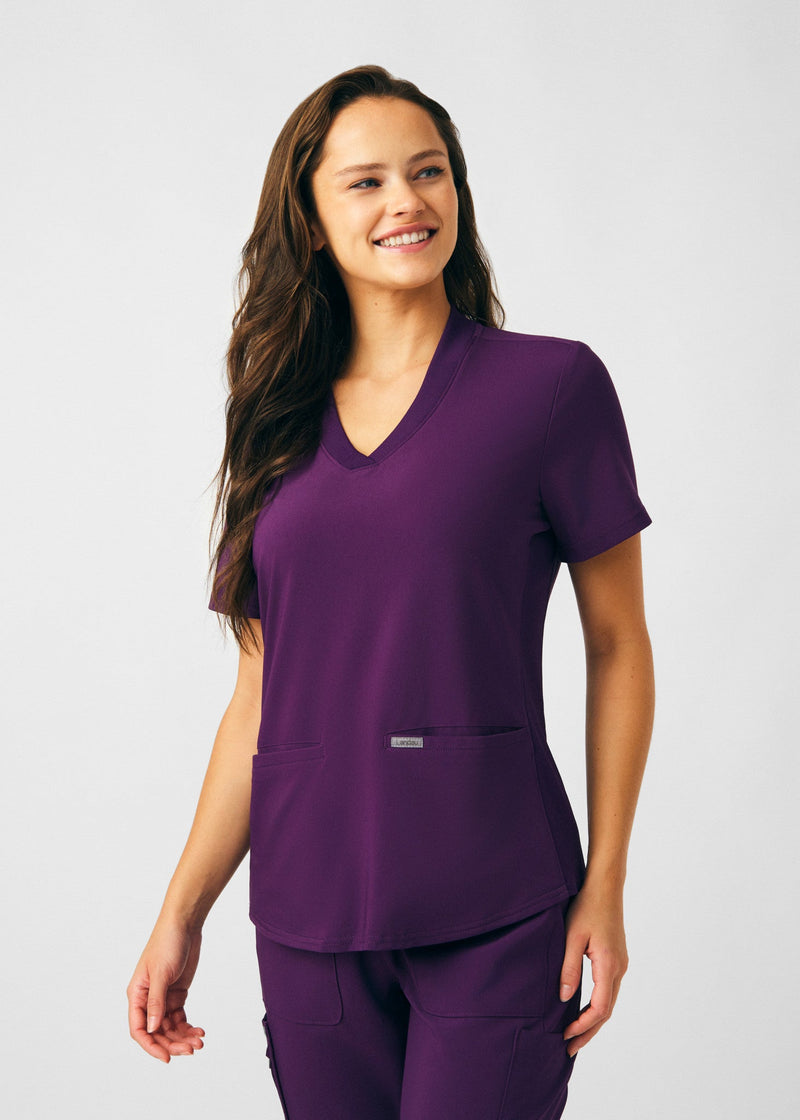 Eggplant - Landau Forward Women's 3 Pocket V-Neck Rib-Knit Scrub Top for Nursing