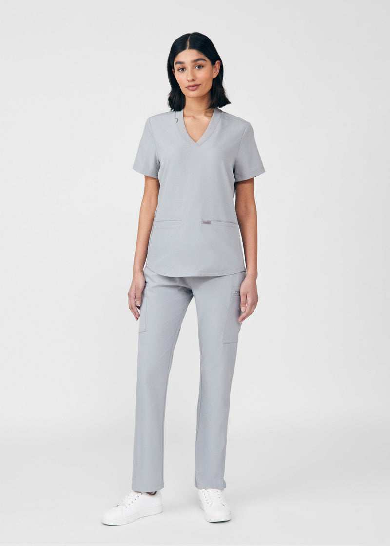 Gray - Landau Forward Women's 3 Pocket V-Neck Rib-Knit Scrub Top for Nursing