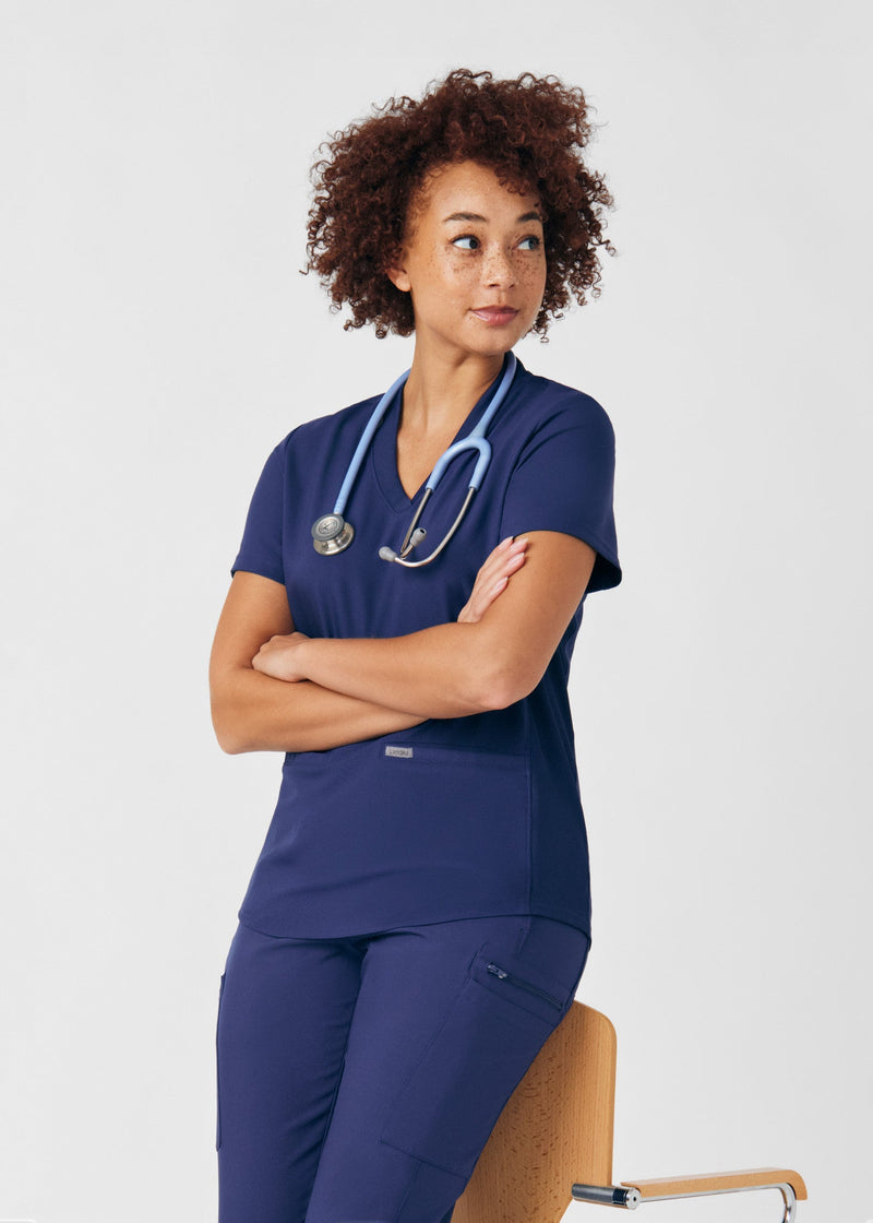 Navy - Landau Forward Women's 3 Pocket V-Neck Rib-Knit Scrub Top for Nursing