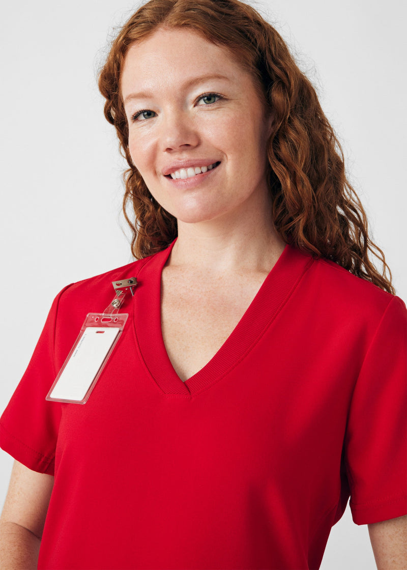 Red - Landau Forward Women's 3 Pocket V-Neck Rib-Knit Scrub Top for Nursing