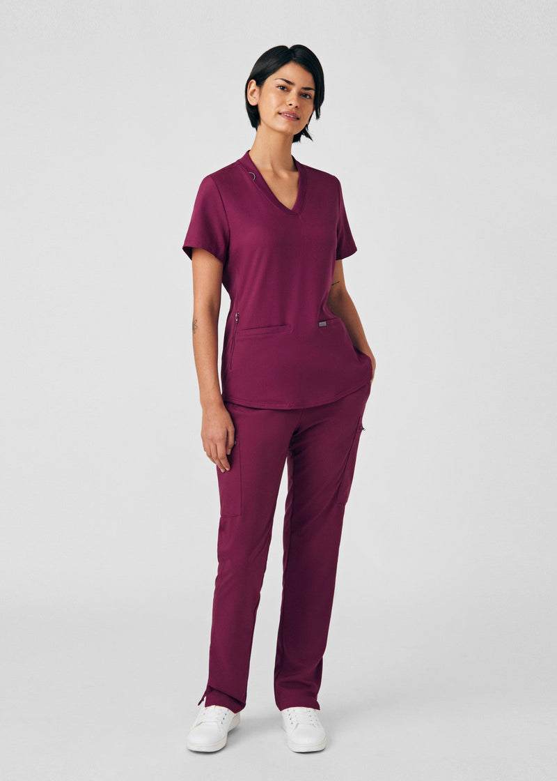 Wine - Landau Forward Women's 3 Pocket V-Neck Rib-Knit Scrub Top for Nursing