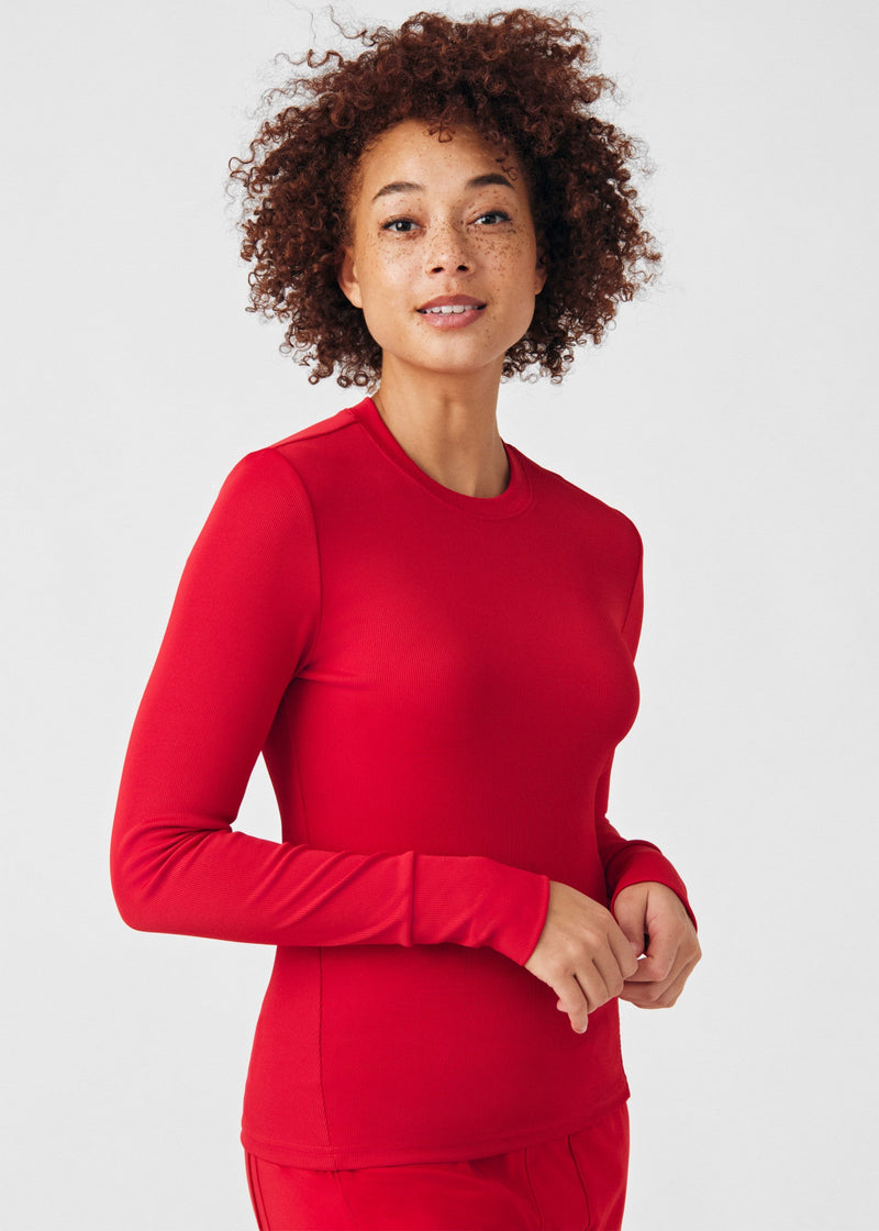 Red - Landau Forward Women's 1 Pocket Long Sleeve Crew Neck Underscrub Tee for Nursing