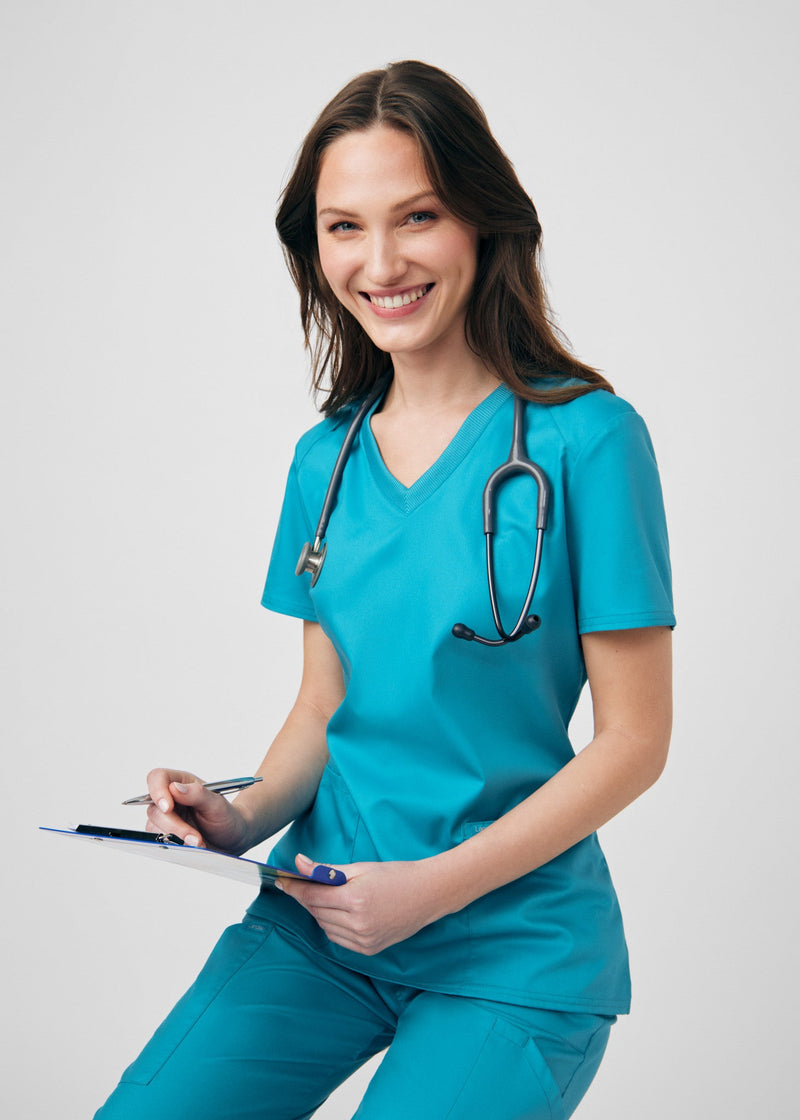 Teal - Landau ProFlex Women's 3 Pocket V-Neck Rib-Knit Scrub Top for Nursing