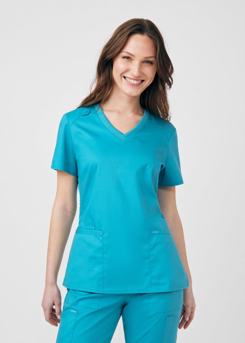 Teal - Landau ProFlex Women's 3 Pocket V-Neck Rib-Knit Scrub Top for Nursing