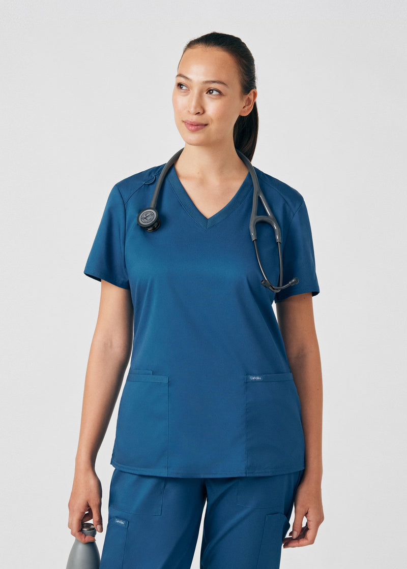 Caribbean - Landau ProFlex Women's 3 Pocket V-Neck Rib-Knit Scrub Top for Nursing