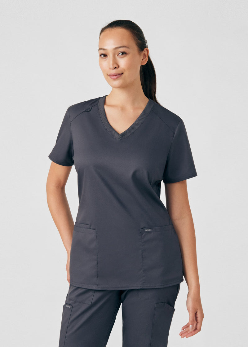 Graphite - Landau ProFlex Women's 3 Pocket V-Neck Rib-Knit Scrub Top for Nursing