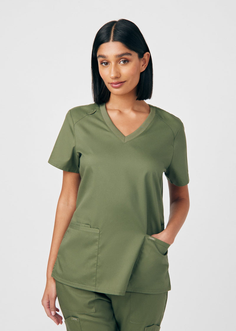 Olive Moss - Landau ProFlex Women's 3 Pocket V-Neck Rib-Knit Scrub Top for Nursing