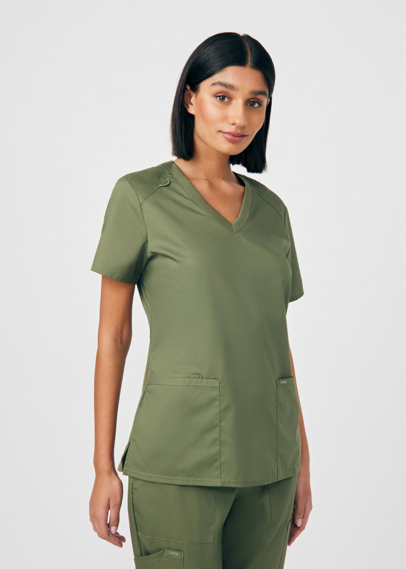 Olive Moss - Landau ProFlex Women's 3 Pocket V-Neck Rib-Knit Scrub Top for Nursing