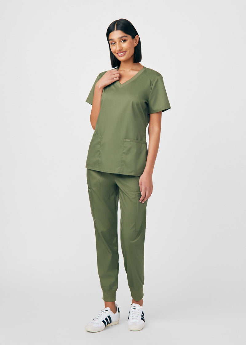 Olive Moss - Landau ProFlex Women's 3 Pocket V-Neck Rib-Knit Scrub Top for Nursing