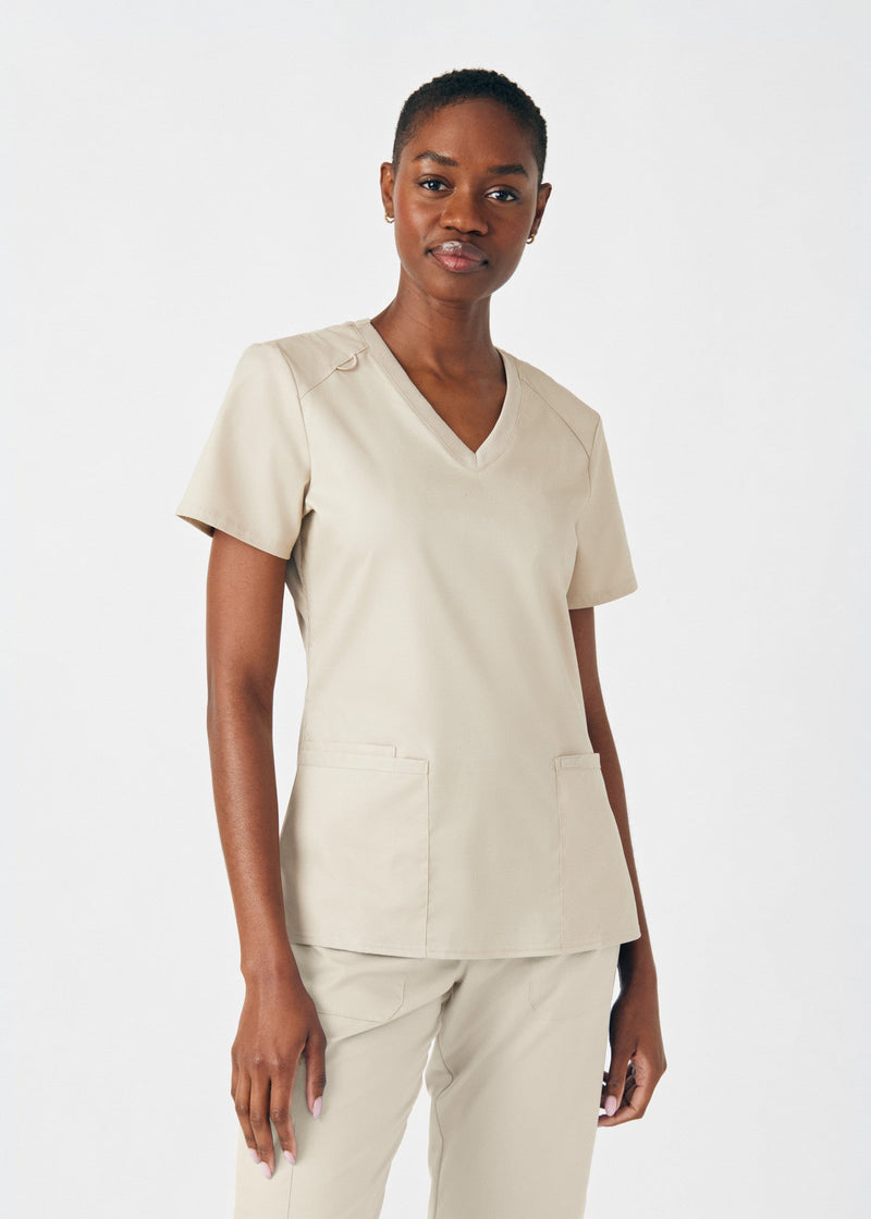 Sandstone - Landau ProFlex Women's 3 Pocket V-Neck Rib-Knit Scrub Top for Nursing
