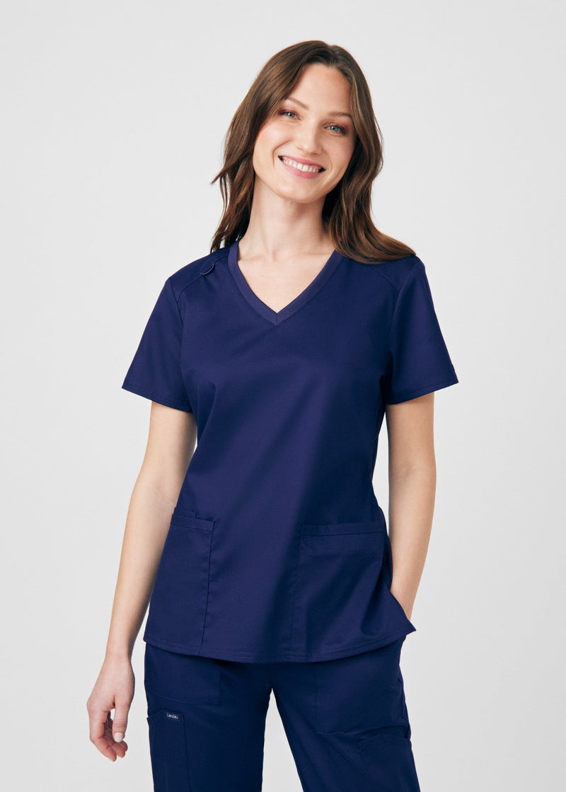 True Navy - Landau ProFlex Women's 3 Pocket V-Neck Rib-Knit Scrub Top for Nursing