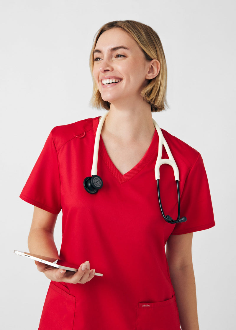 True Red - Landau ProFlex Women's 3 Pocket V-Neck Rib-Knit Scrub Top for Nursing