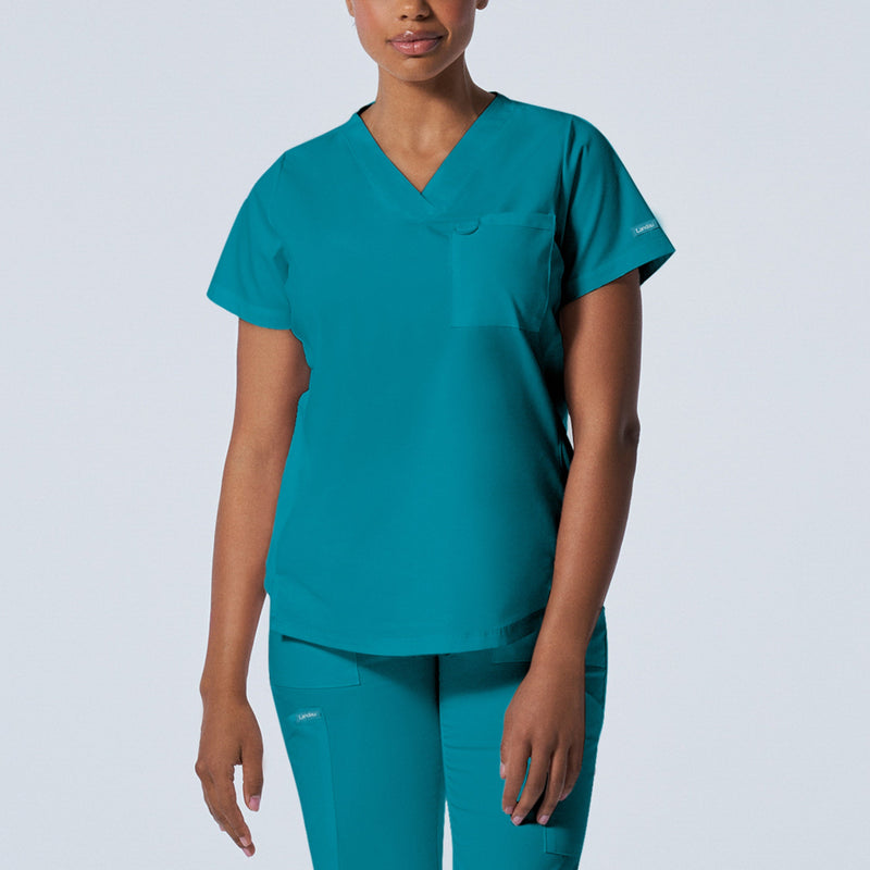 Teal - Landau ProFlex Women's 2 Pocket V-Neck Rib-Knit Scrub Top for Nursing