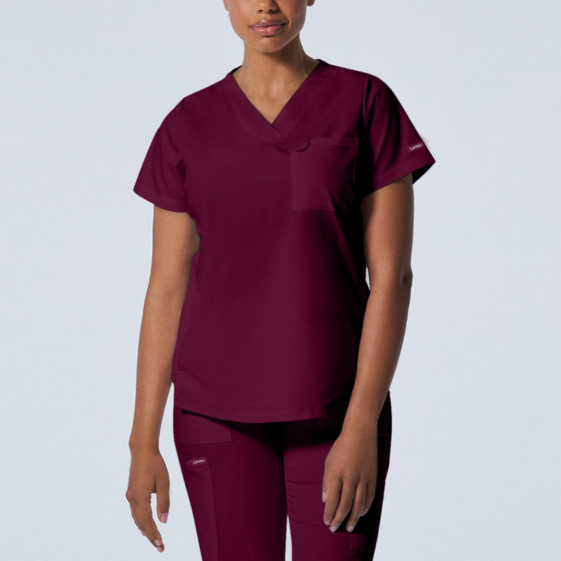 Wine - Landau ProFlex Women's 2 Pocket V-Neck Rib-Knit Scrub Top for Nursing