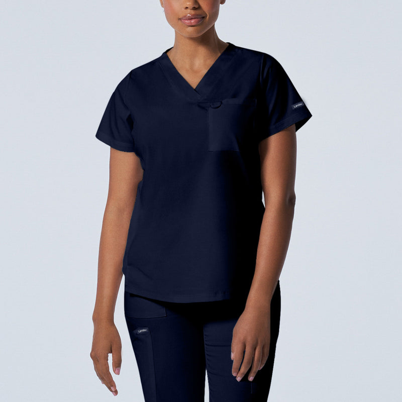 True Navy - Landau ProFlex Women's 2 Pocket V-Neck Rib-Knit Scrub Top for Nursing