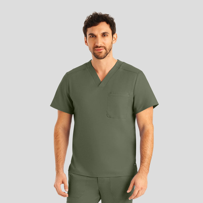 Olive Moss - Landau ProFlex Men's 2 Pocket V-Neck Scrub Top for Nursing