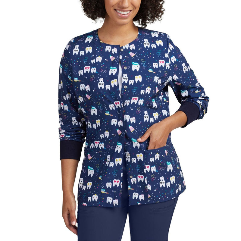Too Cool Dental - White Cross Prints Women's 3 Pocket Warm-Up Scrub Jacket for Nursing