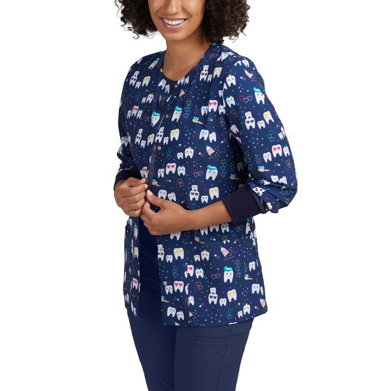 Too Cool Dental - White Cross Prints Women's 3 Pocket Warm-Up Scrub Jacket for Nursing