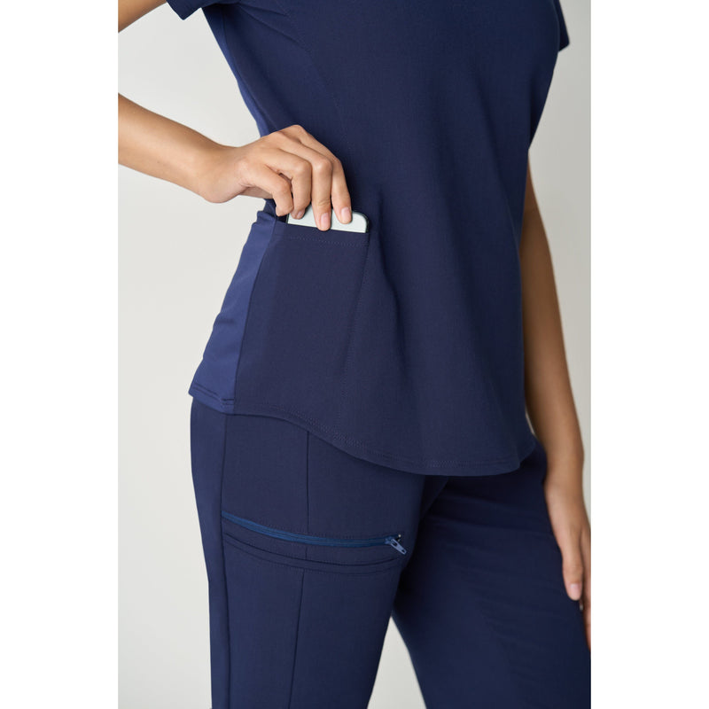 Ceil Blue - White Cross 2-Pocket V-Neck Scrub Top - Detail View