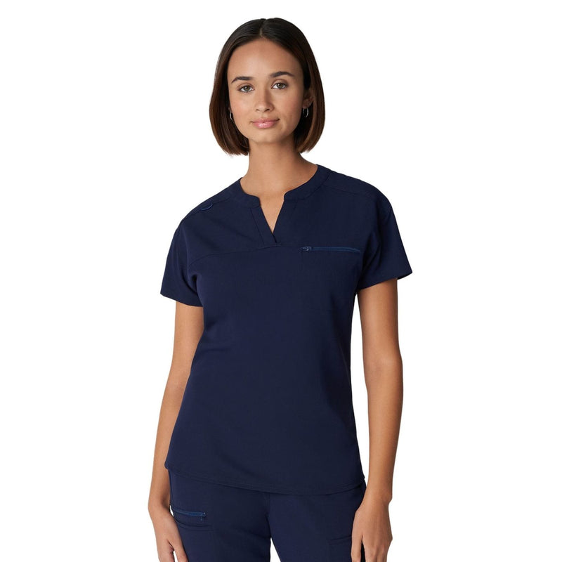 Navy - White Cross V-Tess Women's 1 Pocket Notch Collar Scrub Top for Nursing