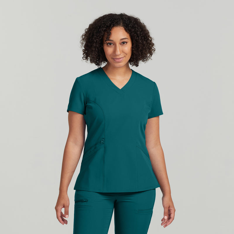 Caribbean Blue - White Cross V-Tess Women's 3 Pocket V-Neck Scrub Top for Nursing