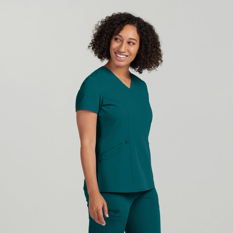 Caribbean Blue - White Cross V-Tess Women's 3 Pocket V-Neck Scrub Top for Nursing